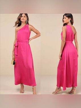 Goddess Aura Fuchsia Satin One-Shoulder Maxi large prom bridesmaids Hoco dress